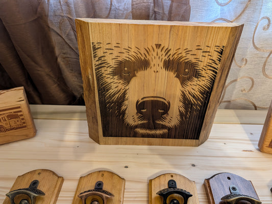 engrave bear head on live edge cedar